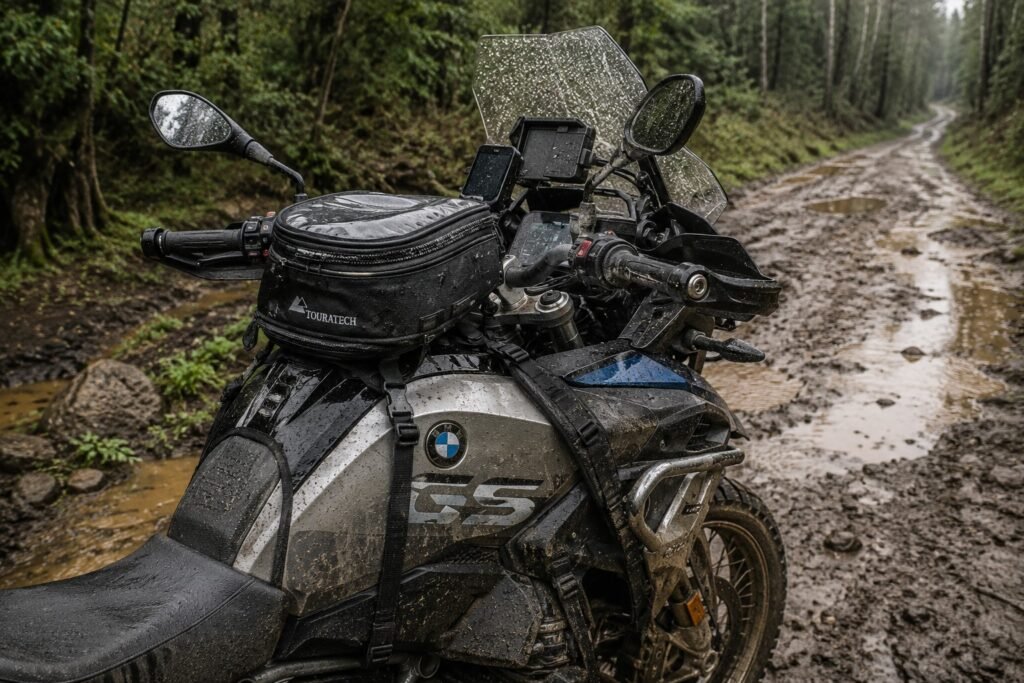 Waterproof tank bag mounted on an adventure motorcycle on a muddy trail