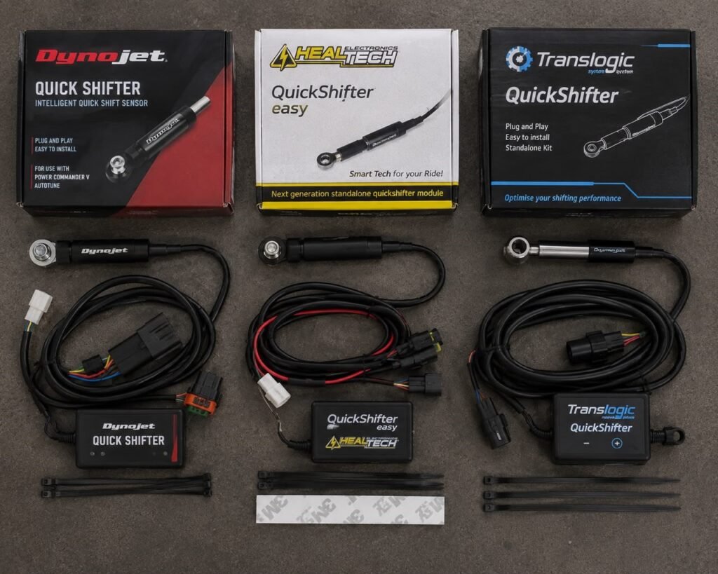 Comparison of aftermarket motorcycle quickshifter kits including sensor and wiring harness
