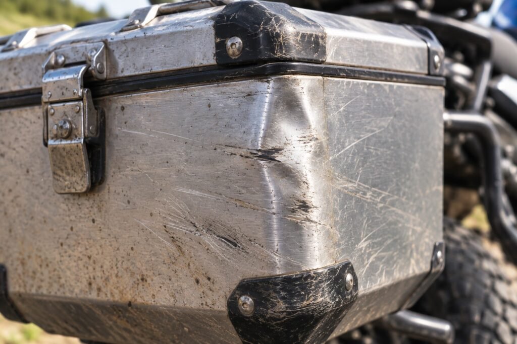 Close-up of aluminum motorcycle pannier showing dent resistance after impact