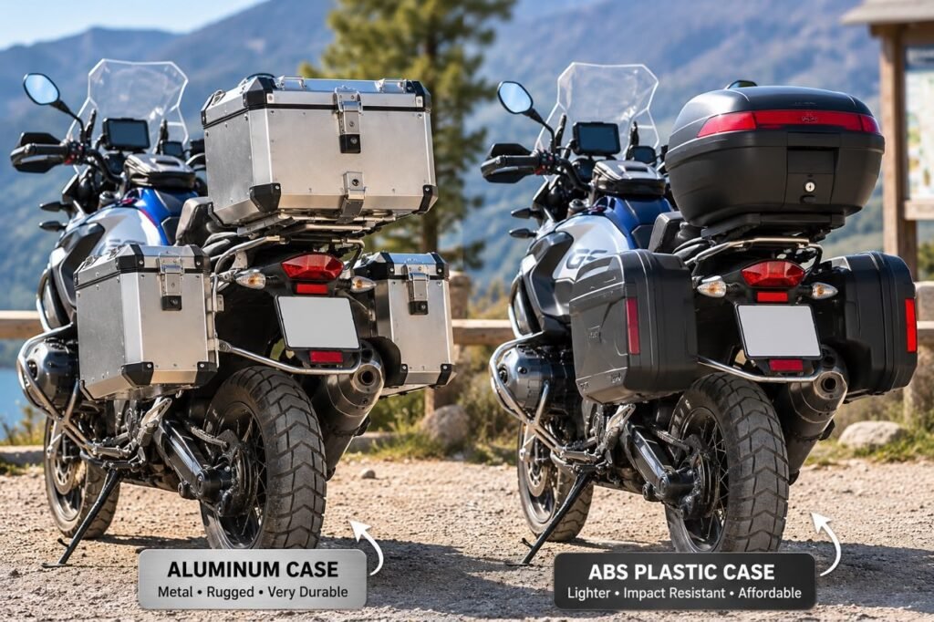 Aluminum motorcycle top case beside a reinforced ABS plastic top case for comparison