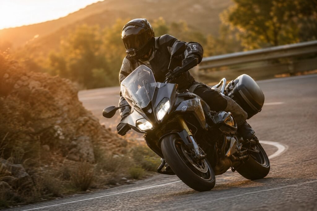 Motorcyclist cornering on a mountain road with an action camera mounted on the helmet chin bar — best motorcycle action camera 2026