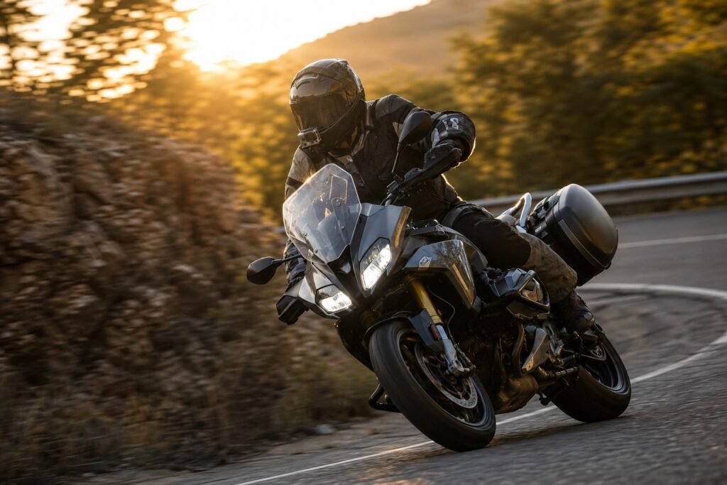 Motorcyclist cornering on a mountain road with an action camera mounted on the helmet chin bar
