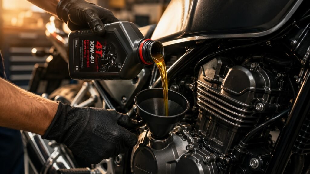 Close-up of golden motorcycle engine oil being poured into an engine during maintenance