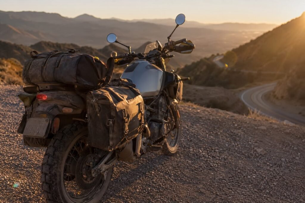 Adventure motorcycle loaded with weatherproof saddlebags parked on a mountain highway at sunset