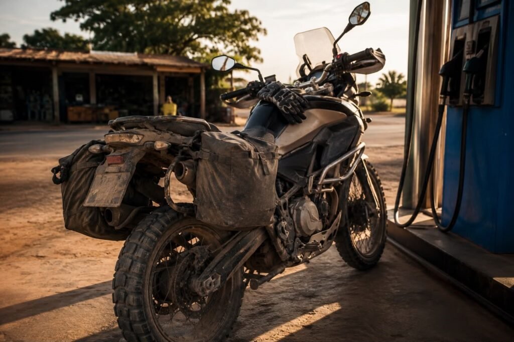 Loaded touring motorcycle with saddlebags parked at a gas station at dusk