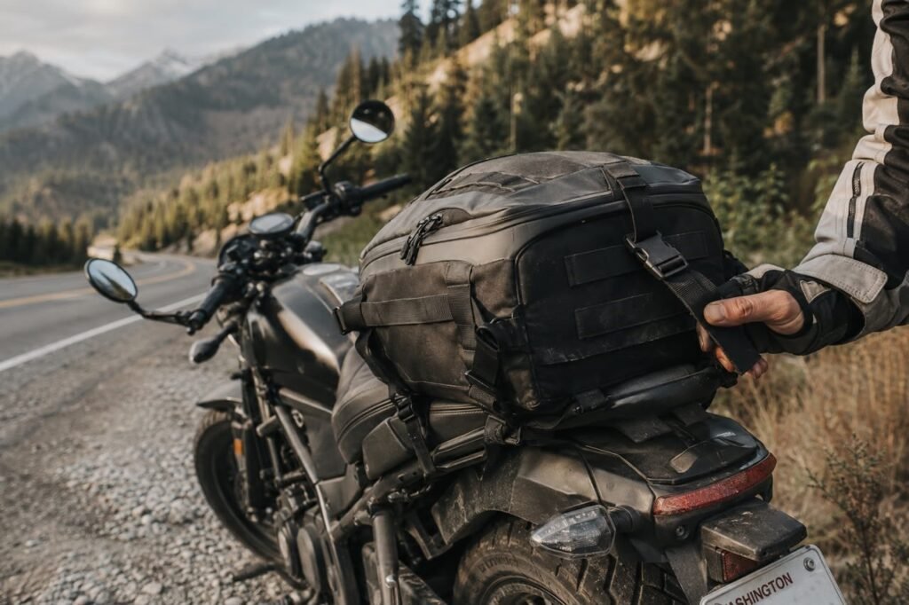 Best motorcycle tail bag mounted on a touring motorcycle parked on a mountain highway