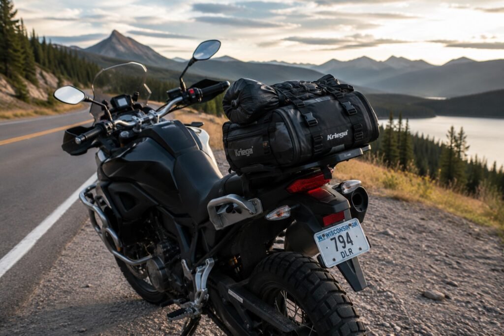 Best motorcycle tail bag mounted on a touring motorcycle parked roadside