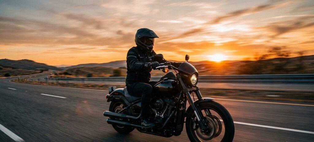 Motorcyclist riding highway at sunset wearing a full-face smart helmet