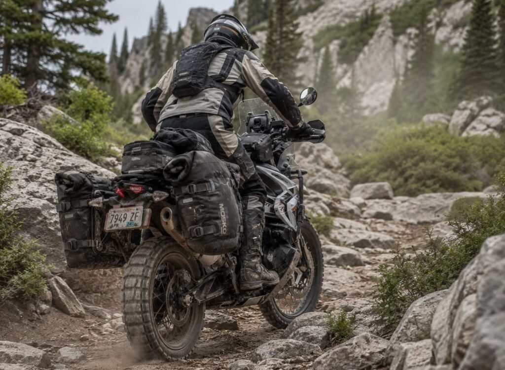 Adventure motorcycle with soft saddlebags navigating a rocky trail