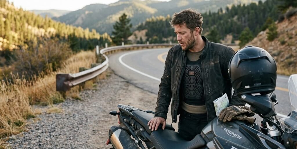 Motorcyclist standing beside bike wearing armored jacket, illustrating CE Level 1 vs Level 2 motorcycle armor guide