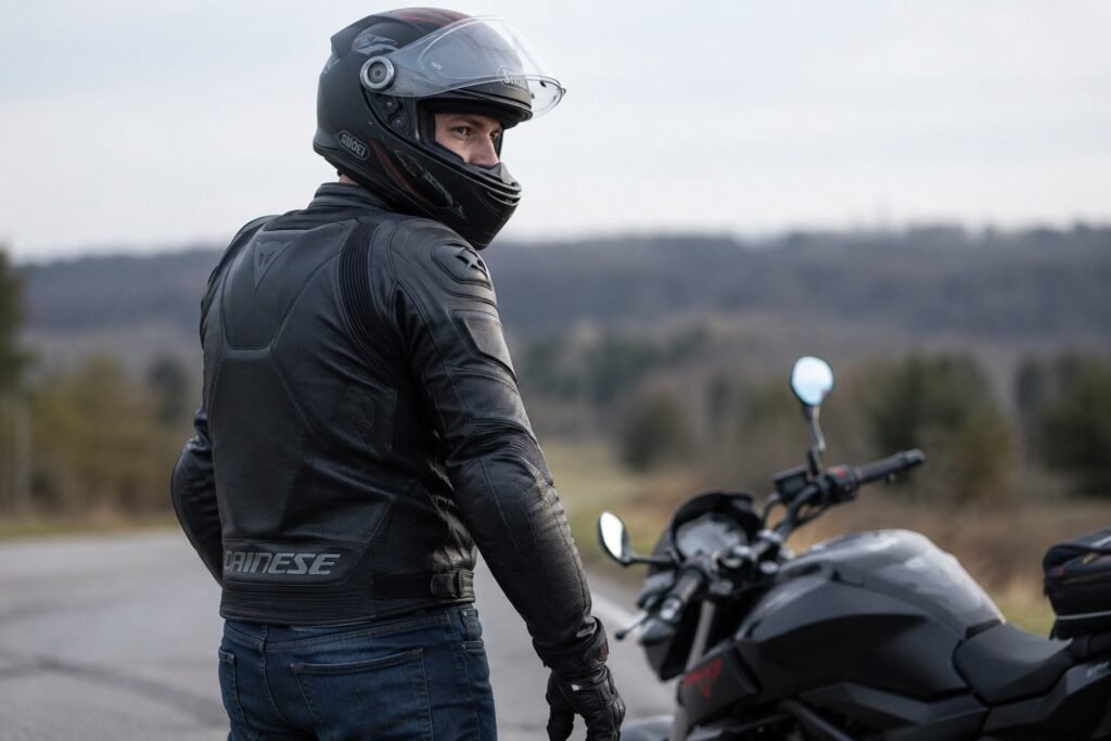 Motorcyclist wearing armored jacket showing CE Level 1 vs Level 2 motorcycle armor protection