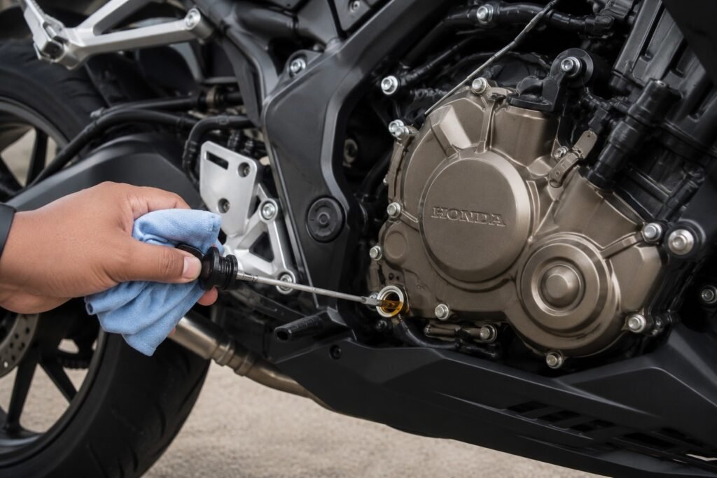 Rider checking motorcycle oil level with the bike upright on level ground