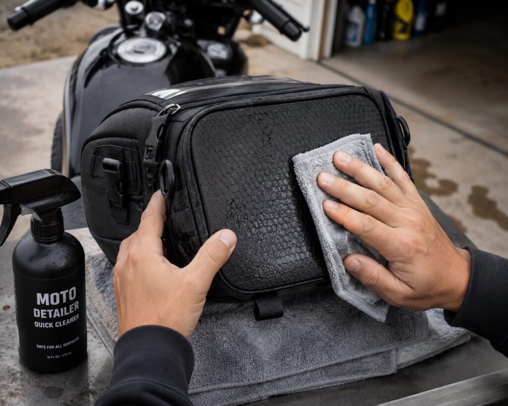 Motorcyclist riding away with a fully mounted tank bag ready for the road