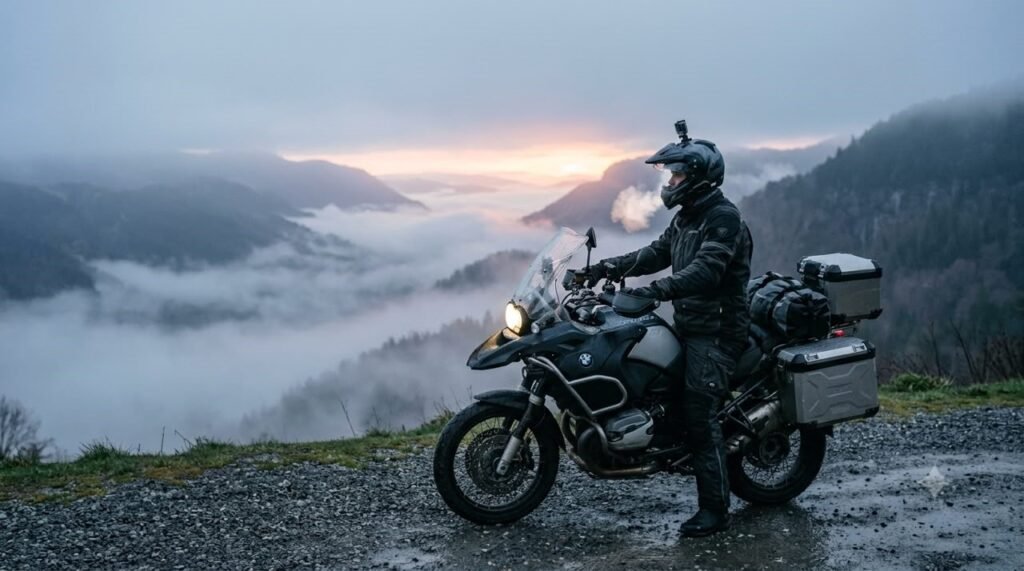 Motorcyclist at a foggy overlook testing an action camera in cold morning conditions
