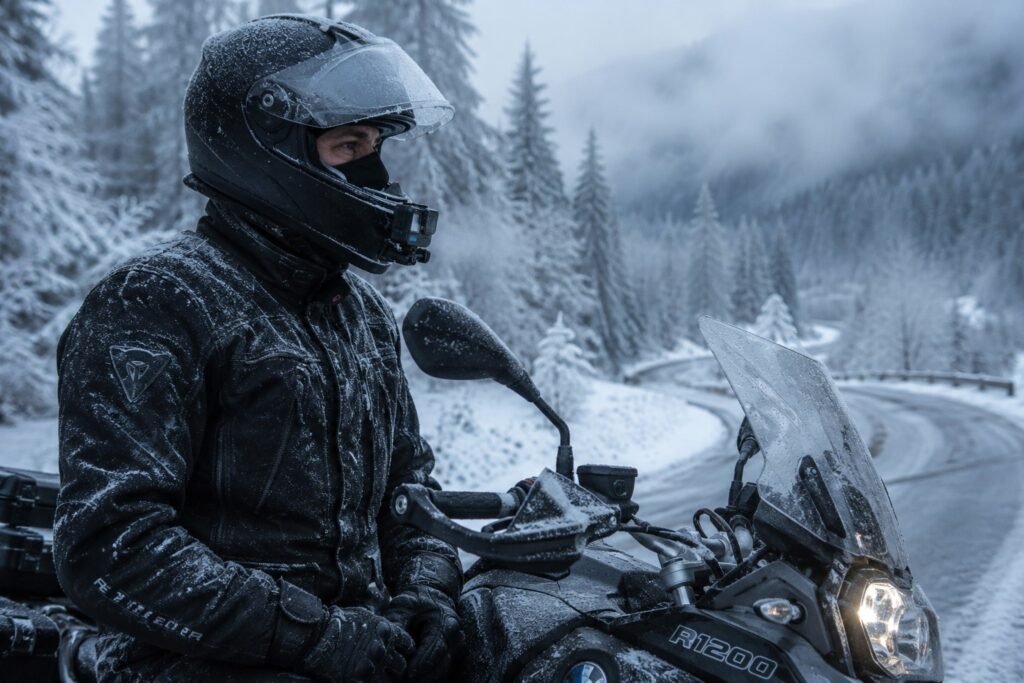 Motorcycle rider in cold weather gear testing GoPro and DJI battery life on a winter ride