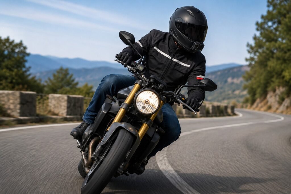 GoPro action camera mounted on a motorcycle helmet during a mountain ride test