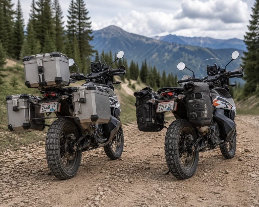 Side-by-side comparison of a motorcycle with hard saddlebags and one with soft saddlebags