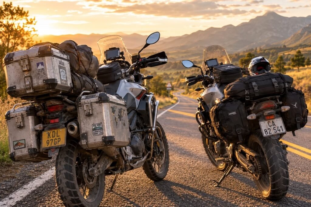 Two touring motorcycles parked on a highway, one fitted with hard saddlebags and one with soft saddlebags, at golden hour