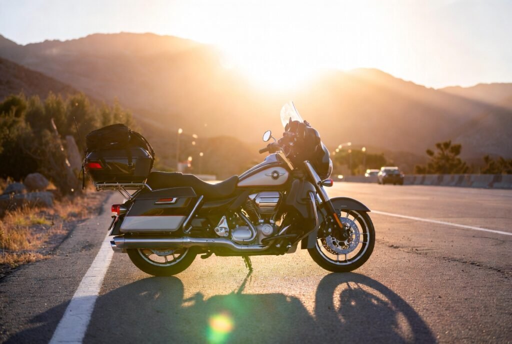 Motorcycle loaded with saddlebags parked on a highway during a touring trip