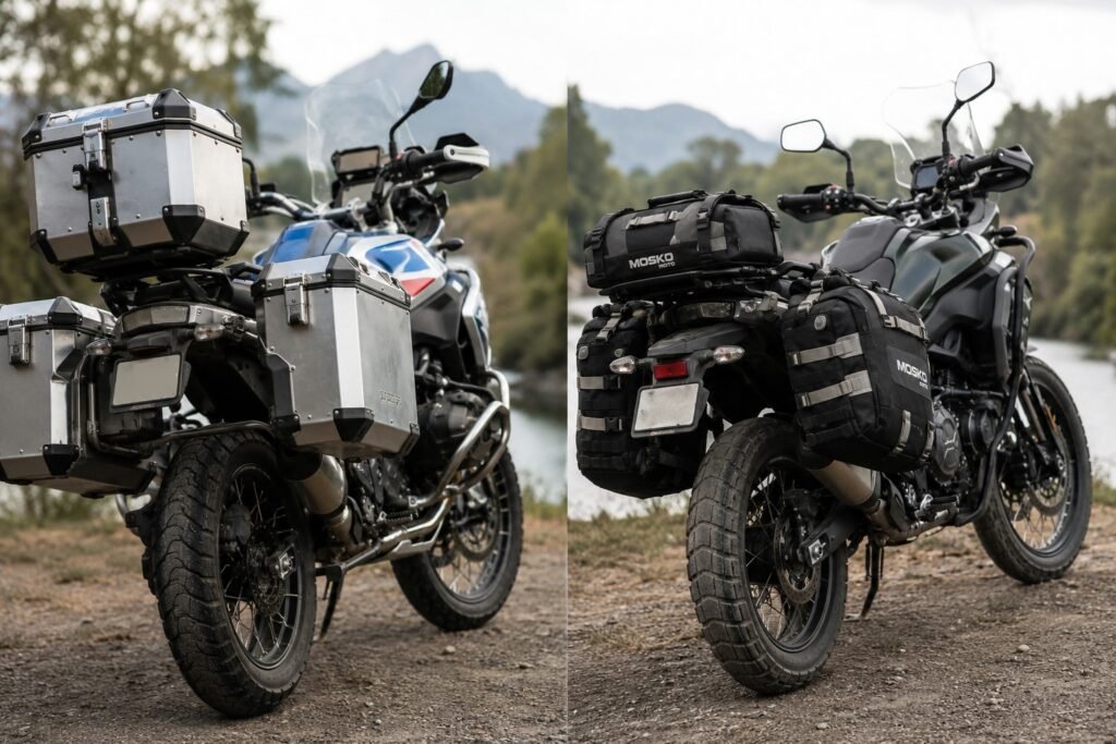 Hardside vs softside motorcycle luggage comparison showing aluminum panniers and soft saddlebags