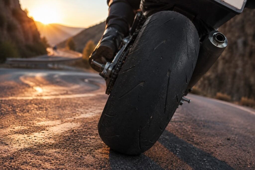 Motorcycle tire flexing into a corner on a mountain road at golden hour