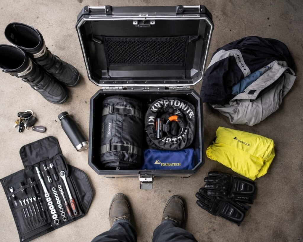 Open motorcycle top case being packed with heavy gear at the bottom and light gear on top