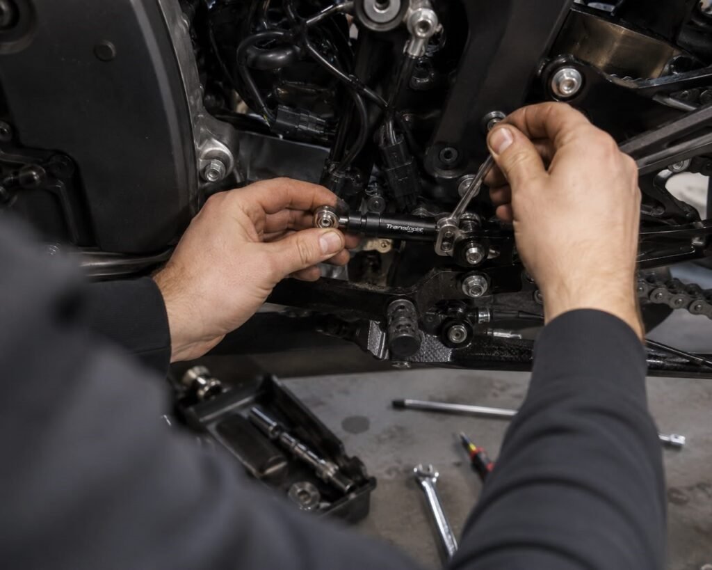 Mechanic installing a motorcycle quickshifter sensor onto the shift linkage