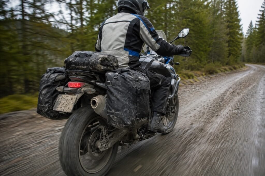 Rackless soft saddlebag mounted on adventure bike frame on a gravel trail