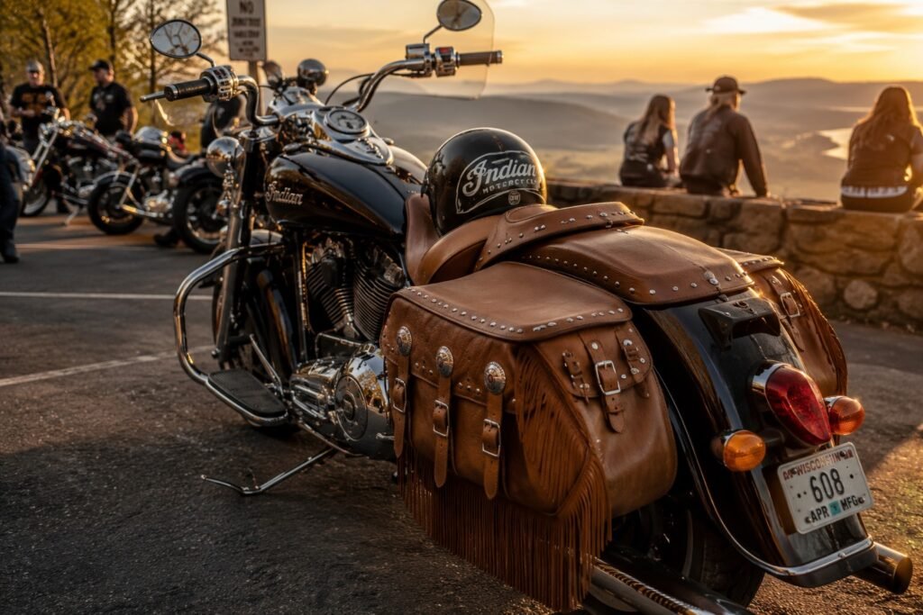 Classic leather saddlebags mounted on a cruiser motorcycle