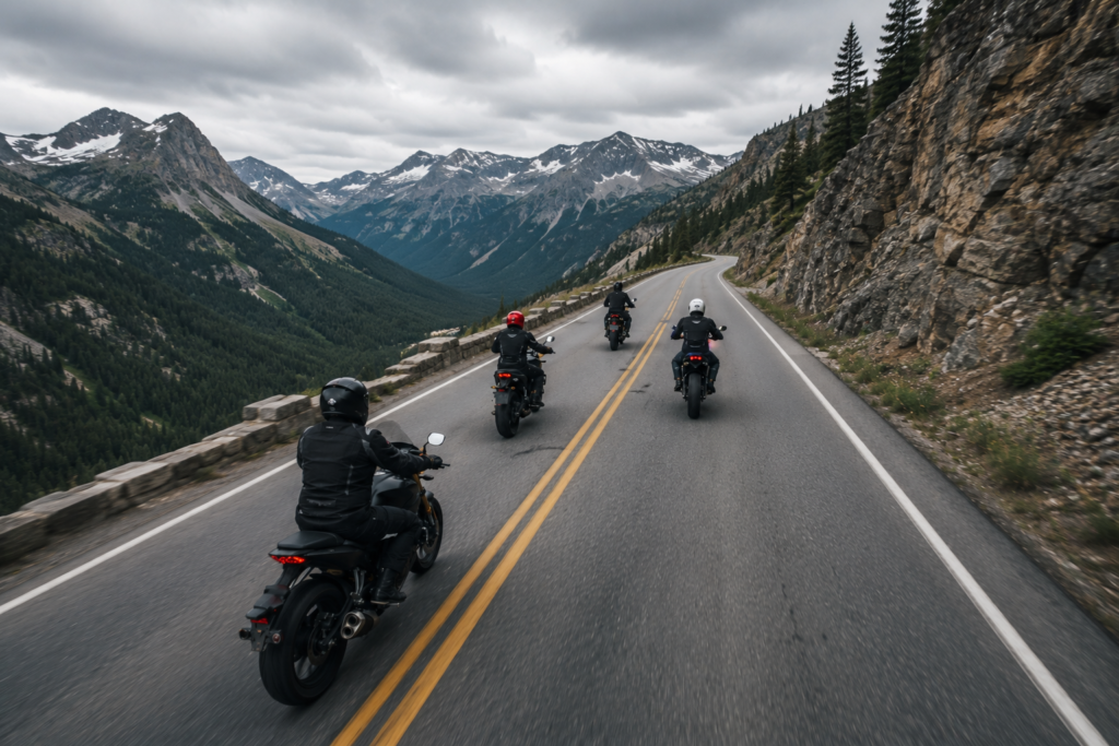 Group of motorcyclists riding in formation using mesh intercom communication