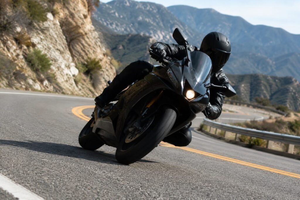 Motorcyclist leaning into a corner on a mountain road