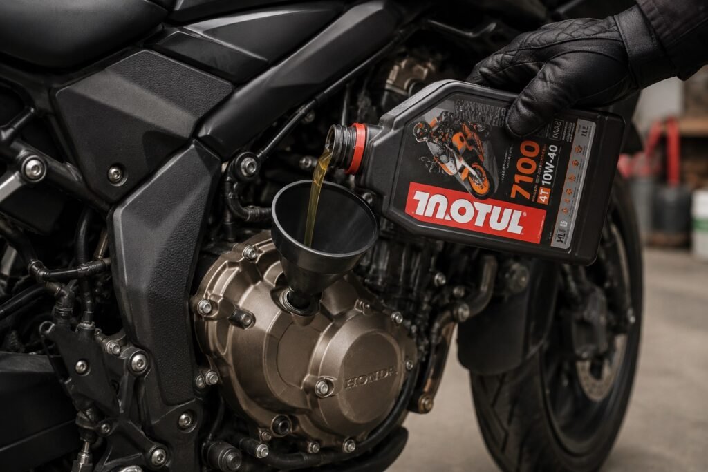 Rider pouring engine oil into a motorcycle during a routine oil change