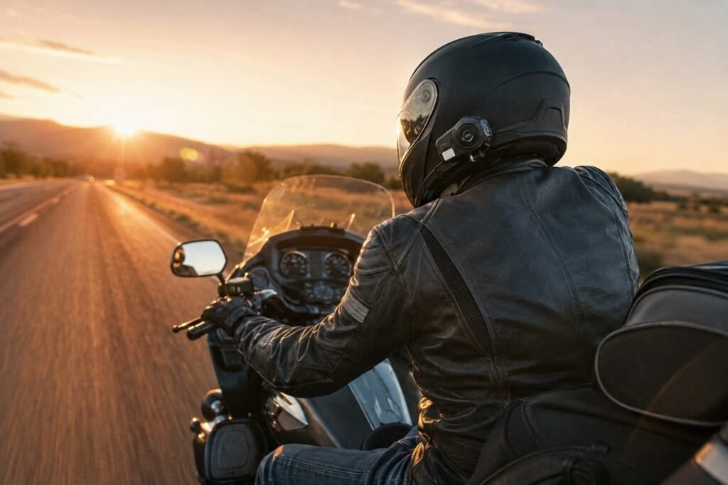 Motorcyclist riding highway at sunset wearing helmet with Bluetooth intercom mounted