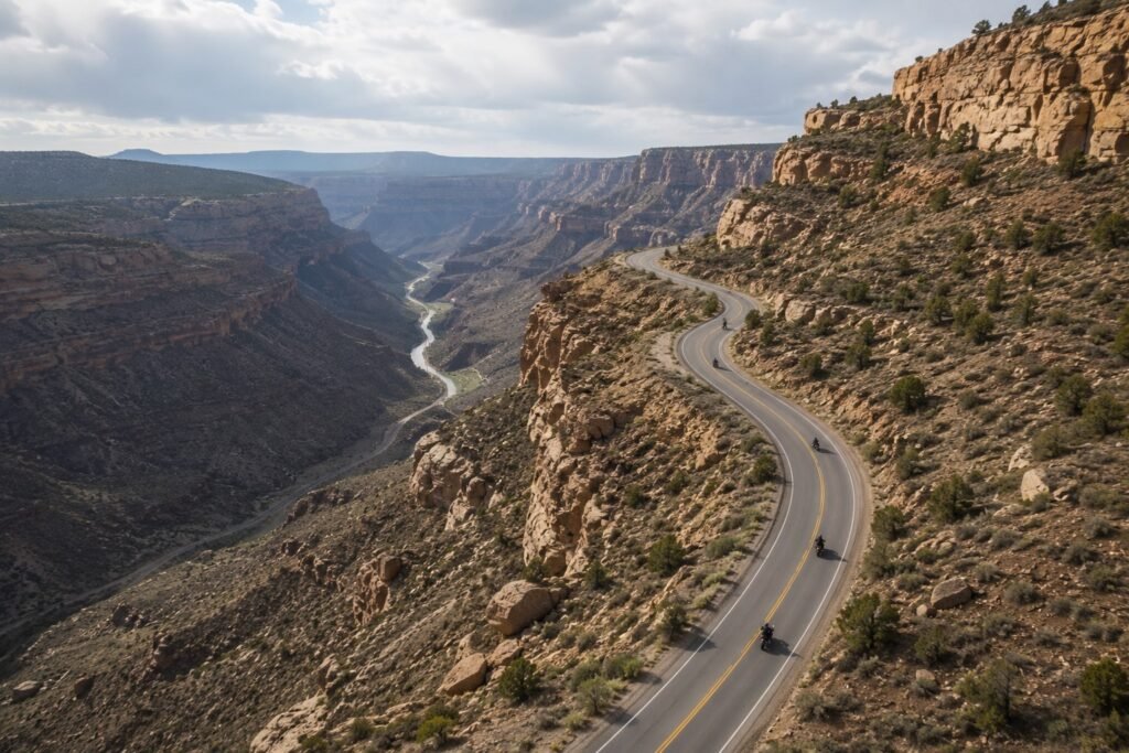 Motorcyclists riding spread out on a winding canyon road testing intercom range