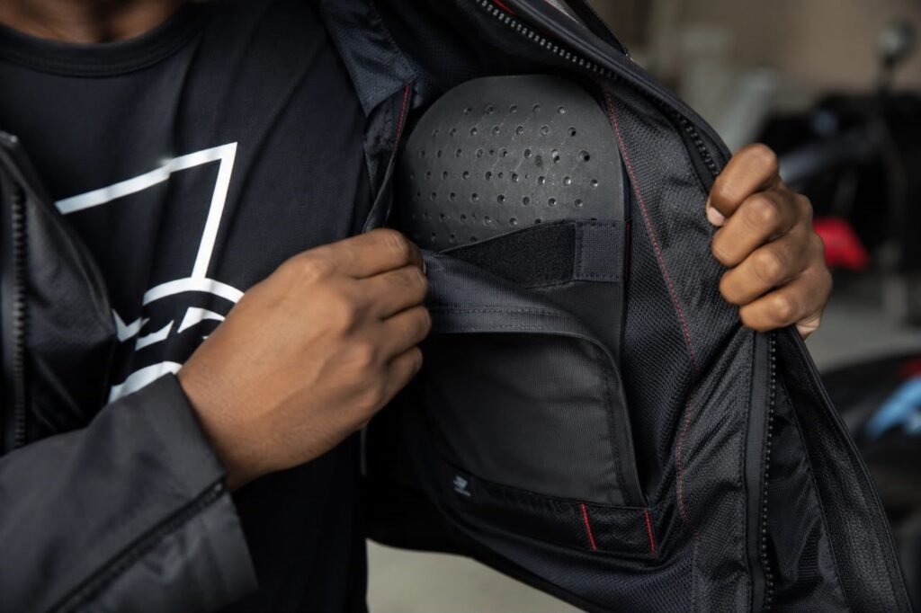 Checking the armor pocket fit inside a motorcycle jacket for a CE Level 2 back protector insert