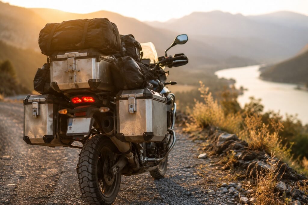 Motorcycle hard panniers packed and mounted for a touring trip