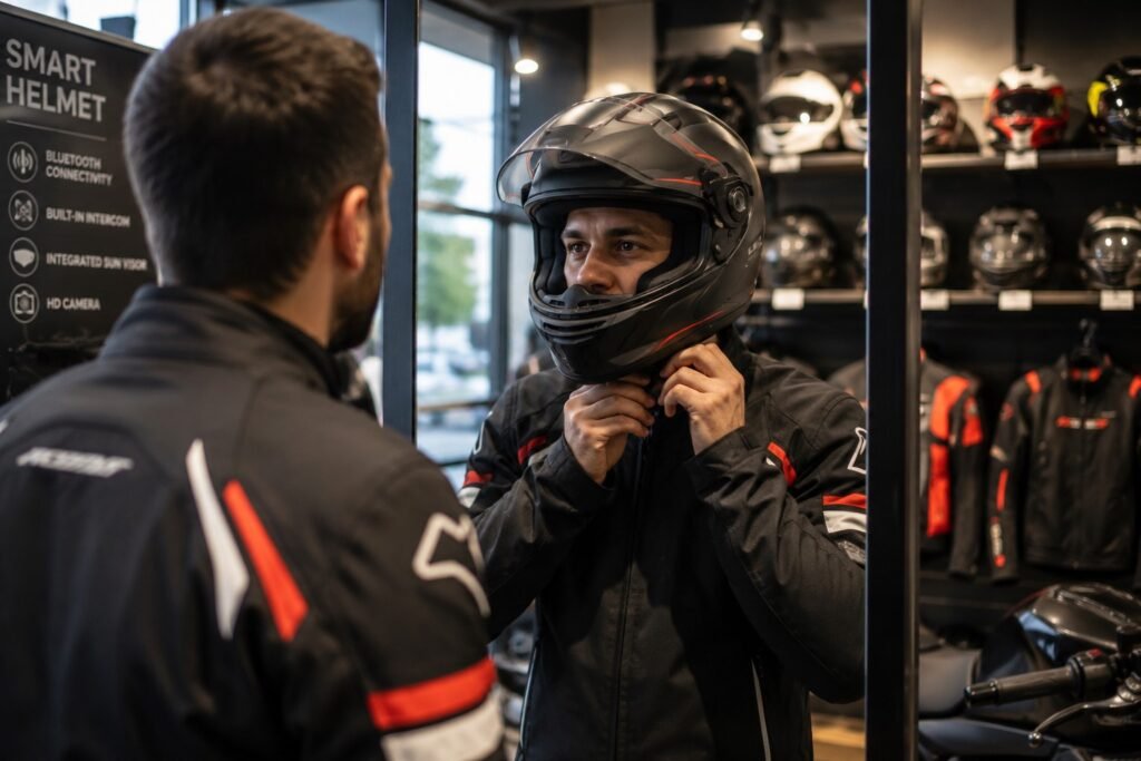 Rider trying on a smart motorcycle helmet for fit in a motorcycle gear shop