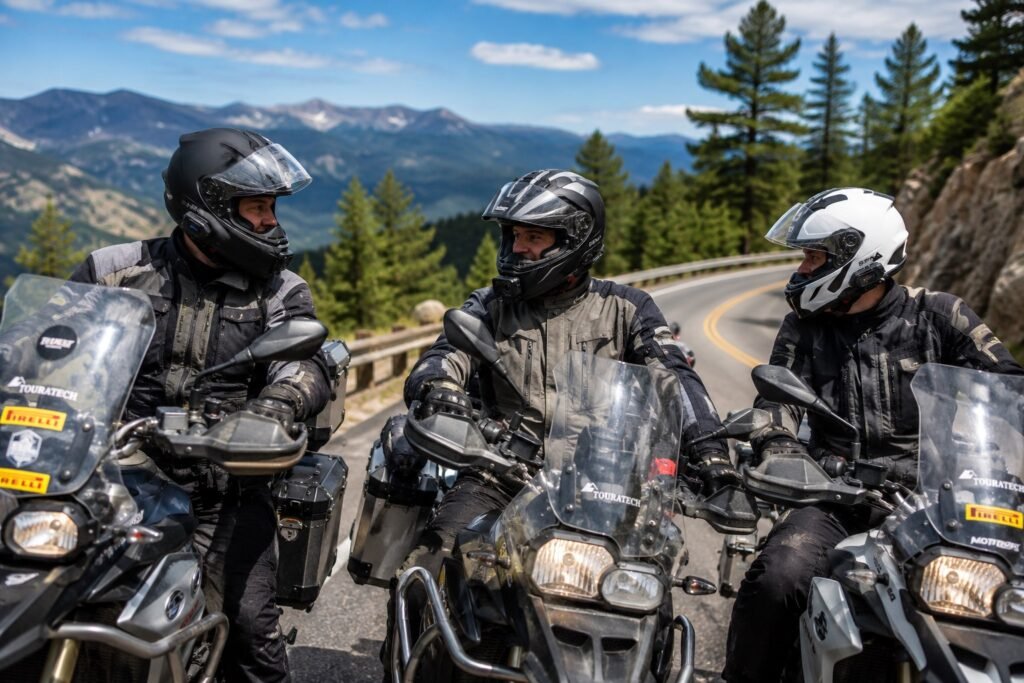 Group of motorcycle riders wearing smart helmets communicating via mesh intercom on a group ride