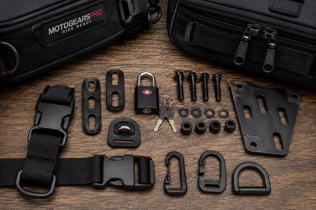 Motorcycle saddlebag hardware including zippers, buckles, and a lock laid out for inspection