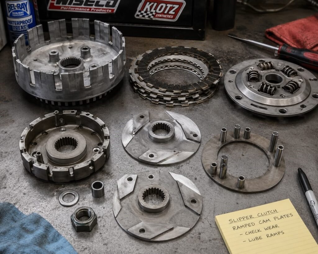 Disassembled motorcycle slipper clutch showing ramped cam plates that reduce rear-wheel hop