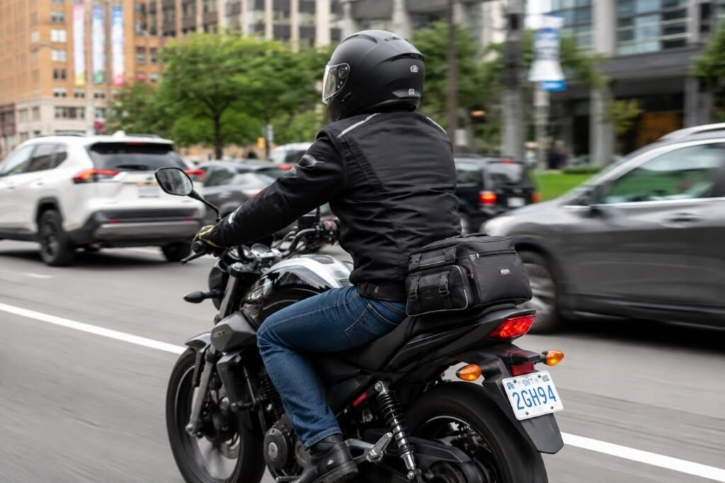 Motorcycle commuter with soft tail bag riding through city traffic