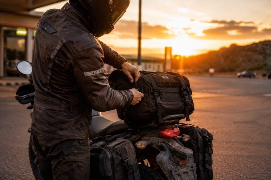 Motorcycle tail bag packed and strapped to a rider's bike before a road trip