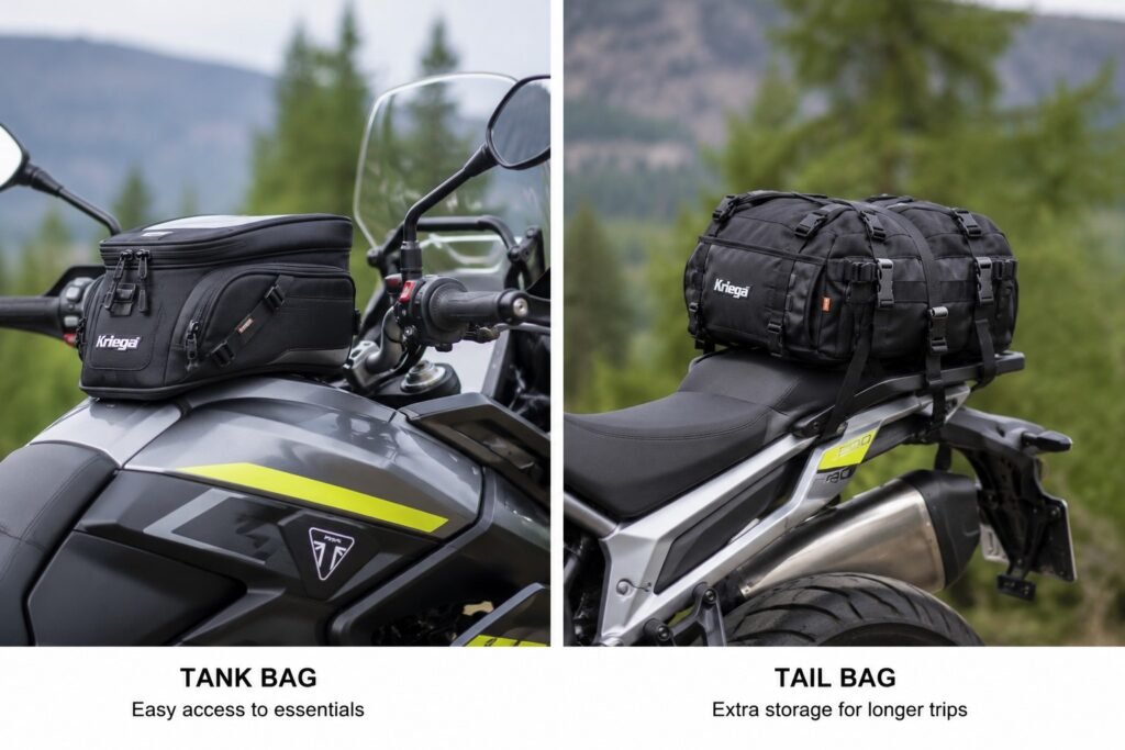 Side-by-side comparison of a motorcycle tail bag and a tank bag on a motorcycle