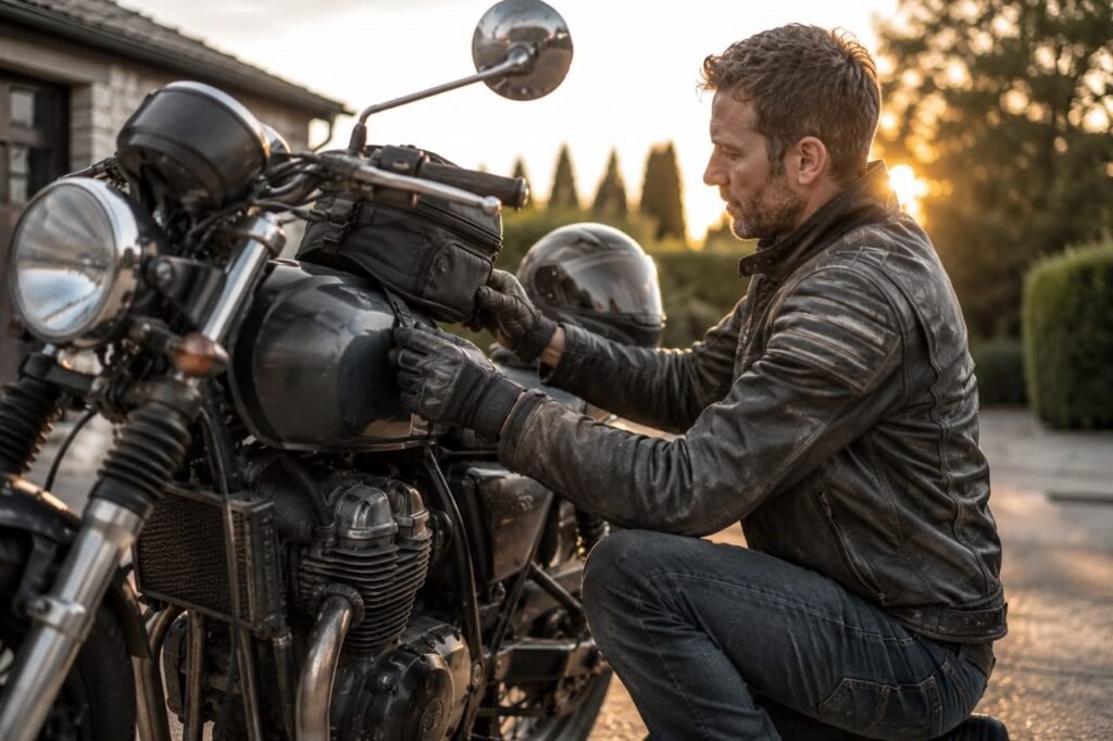 Rider securing a tank bag onto a motorcycle before a ride