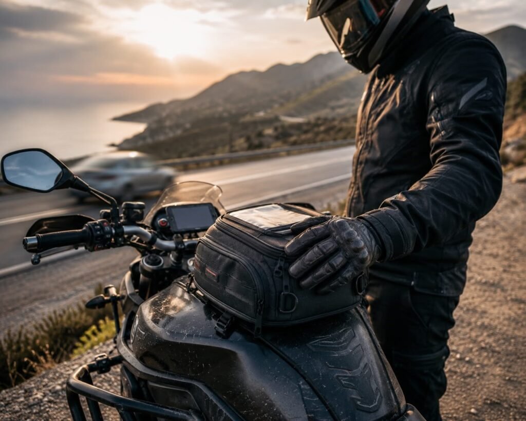 Rider standing beside a motorcycle with a tank bag mounted on the fuel tank at a scenic road stop