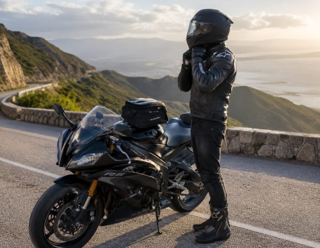 Motorcyclist geared up and ready to ride with a fully loaded tank bag