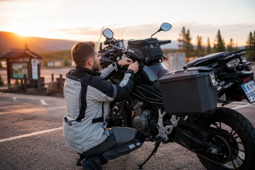 Rider strapping a tank bag onto a motorcycle before a ride