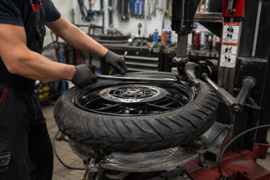 Mechanic changing a motorcycle tire in a repair shop