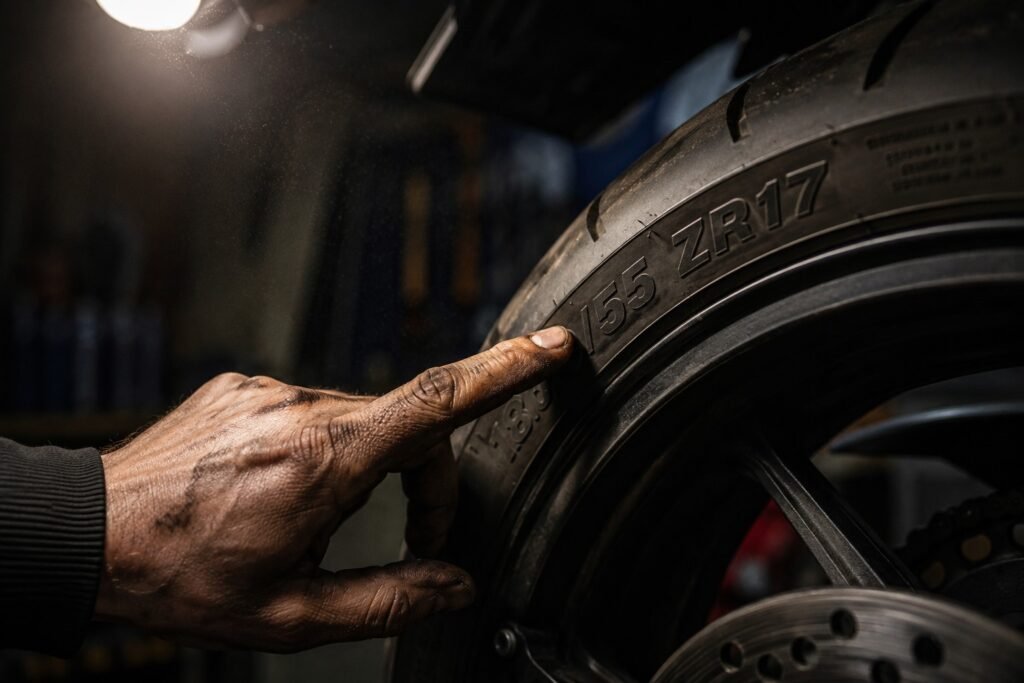 Mechanic's hand pointing to sidewall markings on a motorcycle tire showing size and speed rating