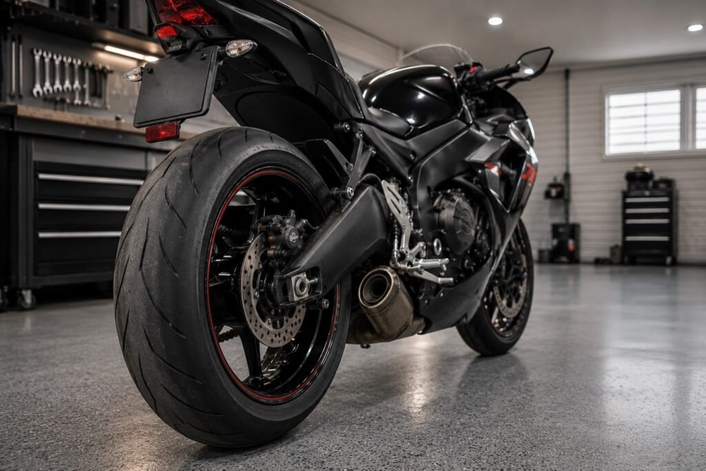 Motorcycle sportbike tire showing width and profile from the side